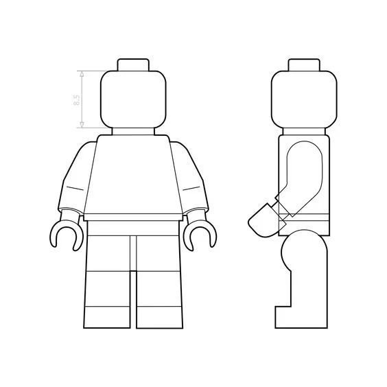 a lego figure is shown with the measurements for it's head and arm,