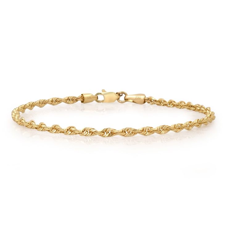 2.7mm 14k Solid Gold Diamond Cut Rope Bracelet Classic Gold Bracelet With Rope Chain, Classic Gold Rope Chain Bracelet, Twisted Yellow Gold Jewelry For Everyday, Everyday Twisted Yellow Gold Jewelry, Yellow Gold Twisted Stackable Jewelry, Classic 14k Gold Bracelet With Rope Chain, Gold Twisted Stackable Jewelry, Classic Gold Bracelets With Rope Chain, Elegant 14k Gold Rope Chain Bracelet