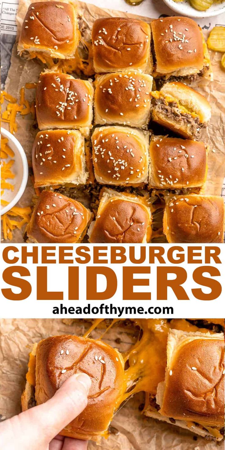 the cheeseburger sliders are cut in half and stacked on top of each other