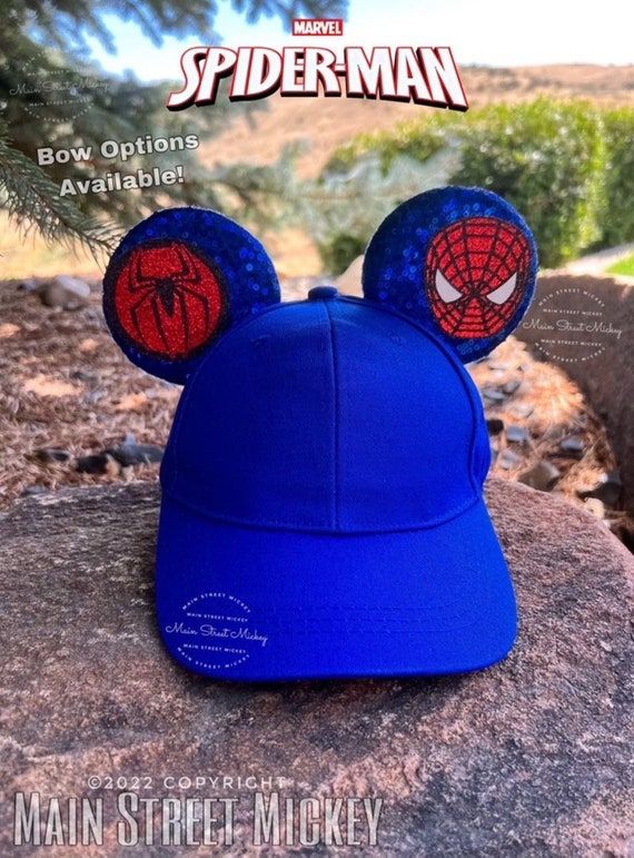 a blue hat with spiderman ears on it is sitting on top of a rock