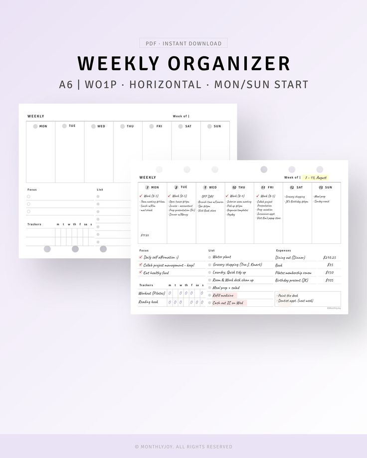 the weekly organizer is shown in two different sections, with text overlaying it