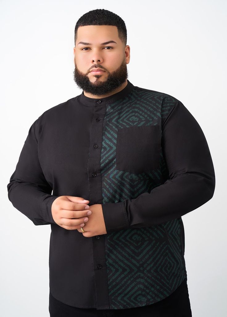 Style#: M2104 Spice up your fall look with this sharp Okafo African Print Mandarin Collar Button-Up shirt in the Malachite Diamond Adire. Features: Slightly rounded hem Color-block body 97% Cotton/3% Spandex Stretch Poplin Printed Contrast Body 97% Cotton/3% Spandex Stretch Poplin Black fabric at body, sleeves, collar, patch pocket on chest and back Designed in the USA, imported Care Instructions: Machine wash cold on gentle cycle with non-chlorine detergent. Do not bleach. Hang to dry. Iron on Mandarin Collar Shirt, African Inspired Clothing, Fall Closet, Classy Men, African Inspired Fashion, Women Pants, Men Fits, Fall Collection, Fall Collections