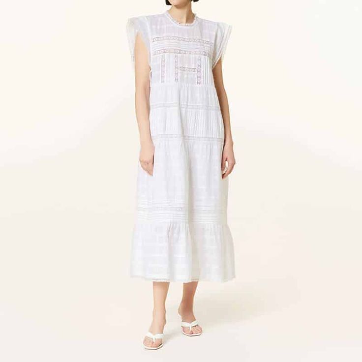 Feminine Cotton Midi Dress For Daywear, Beach Cotton Midi Dress With Broderie Anglaise, Daywear Midi Dress With Lace Trim, Fitted Cotton Midi Dress With Broderie Anglaise, Lace Trim Midi Dress For Daywear, Feminine Cotton Maxi Dress With Lace Trim, Cotton Broderie Anglaise Knee-length Dress, Elegant Cotton Midi Dress With Lace Trim, Cotton Maxi Dress With Lace Trim For Daywear