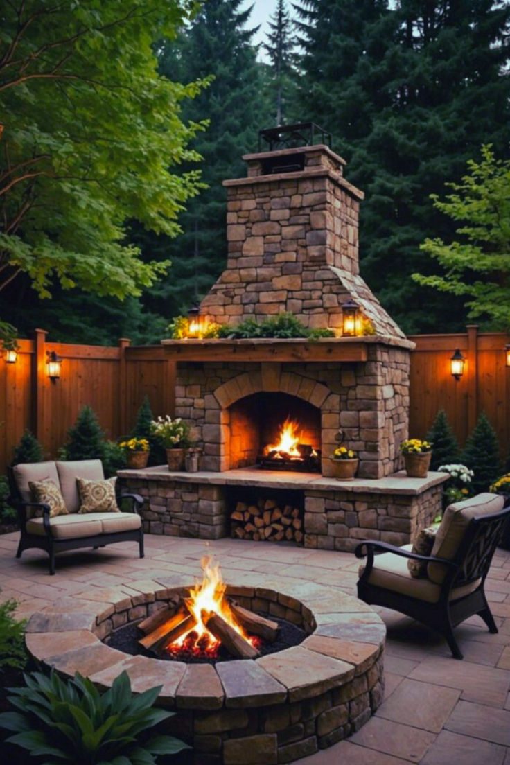 Cozy Courtyard 36 Fireplace featuring IntelliFire, transforming a patio into a charming retreat with modern and traditional design elements, perfect for warm and relaxing outdoor gatherings. Fireplace Outside Fire Pits, Outdoor Fireplace With Pergola, Outdoor Rock Fireplace, Corner Outdoor Fireplace, Outdoor Fireplace Brick, Rustic Fireplace Decor, Cozy Courtyard, Outdoor Fireplace Ideas, Fireplace Inspiration