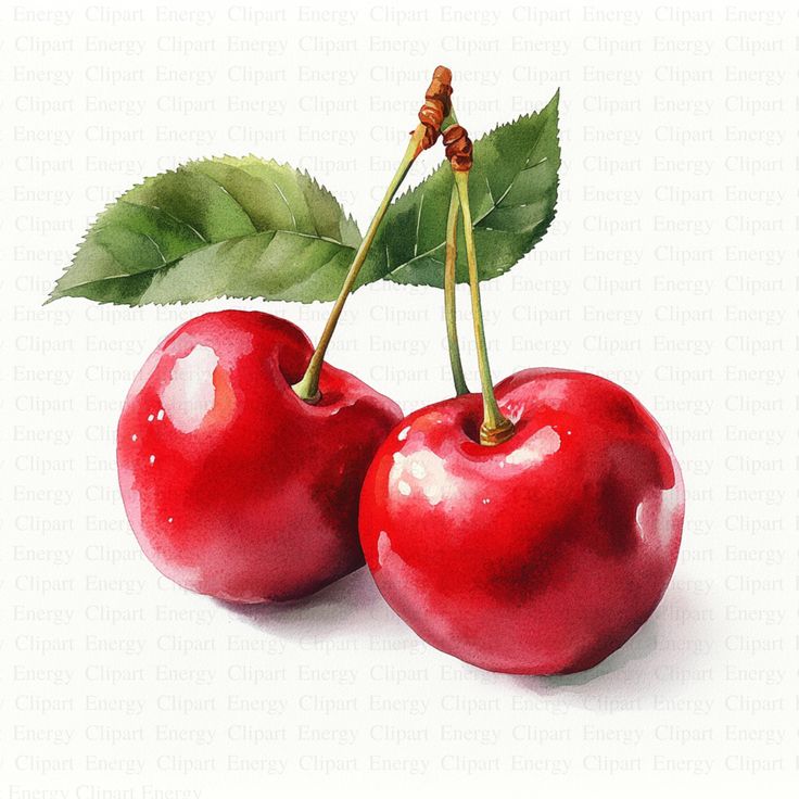 two cherries with green leaves on top of each one, sitting next to each other