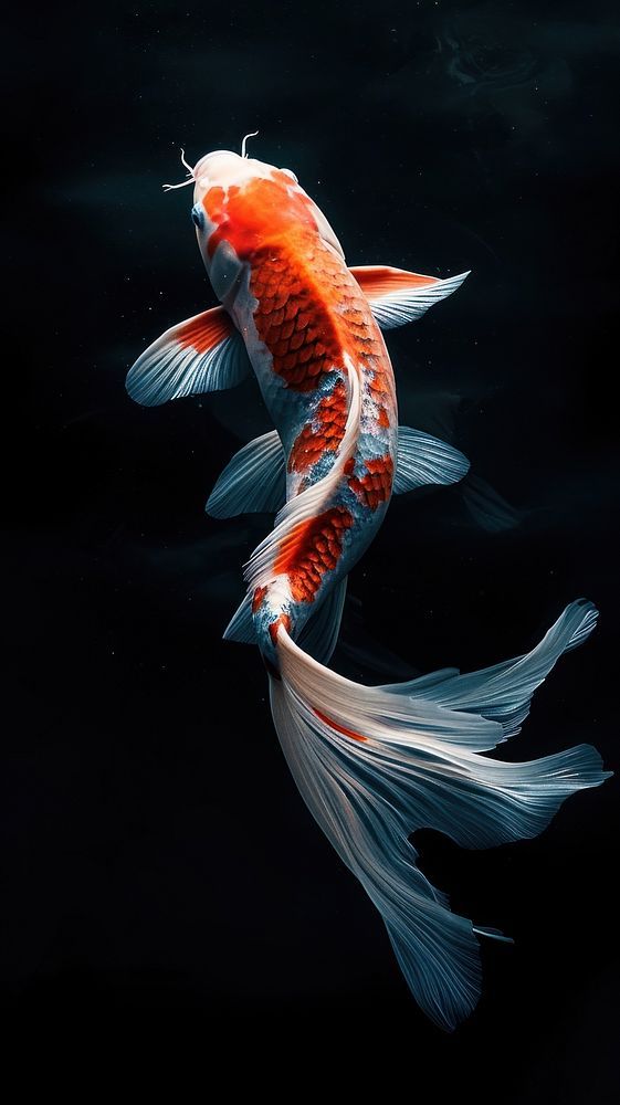 two orange and white koi fish swimming in the dark water with bubbles coming out of it's mouth