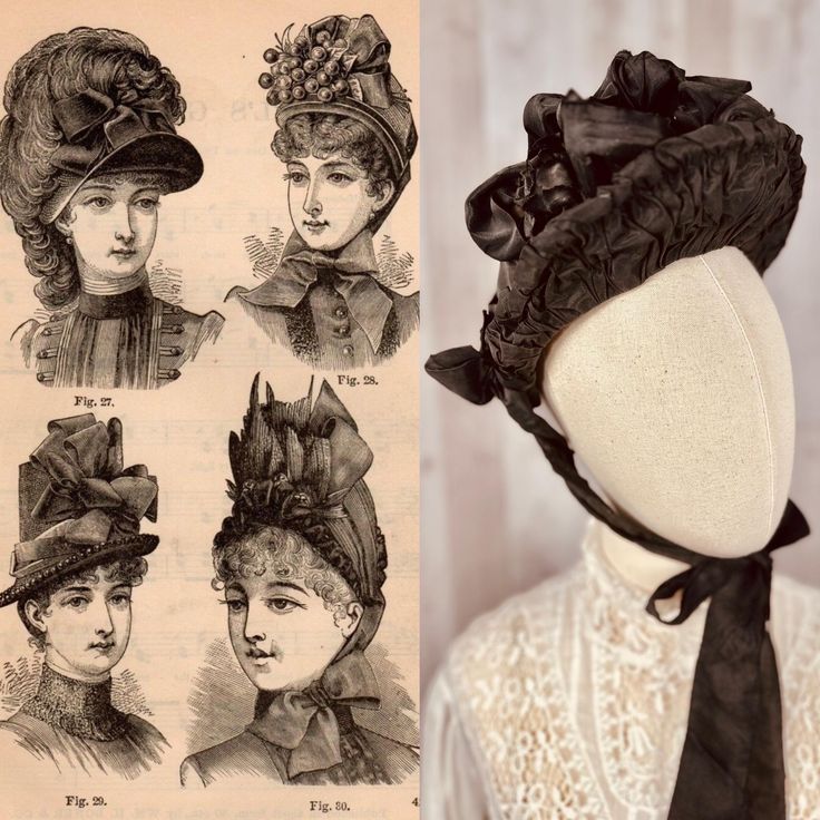 A rare piece indeed! Authentic late 1800s Victorian Mourning  Hat.   Antique Brim Bonnet Hat, with silk flower embellishments throughout the crown.  Please Note:  listing is for hat only, Edwardian clothing is sold separately.  MEASUREMENTS: Crown 4" 13" Diameter  Brim width 2.75"  Inner band/size 22"  CONDITION: fair-poor antique condition, priced accordingly. NOTABLE ISSUES: Dusty, shredding found within the silk ties and floral fabric. Could use some restoration/TLC.  As with most antique hats, you find condition issues including: dry/crispness in the fabric, shredding, and fading.  Feel free to message me if you'd like additional photos or if you have further questions. Inventory Note: This listing is one of many Victorian hats I have, be sure to take a peek in the shop if you'd like t Vintage Black Ceremonial Hat, Victorian High Crown Costume Hat, Black Vintage Ceremonial Hat, Victorian Cloche Hat For Vintage Events, Victorian Costume Headpieces For Vintage Events, Vintage Ceremonial Costume Hat With High Crown, Vintage Fitted Bonnet For Costume, Vintage Costume Hats And Headpieces For Events, 1880s Hat