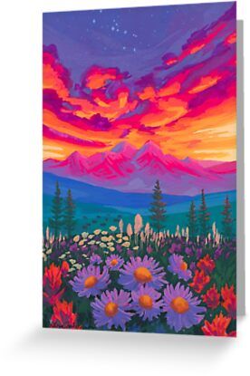 a painting of colorful flowers and mountains in the distance with stars above them at sunset