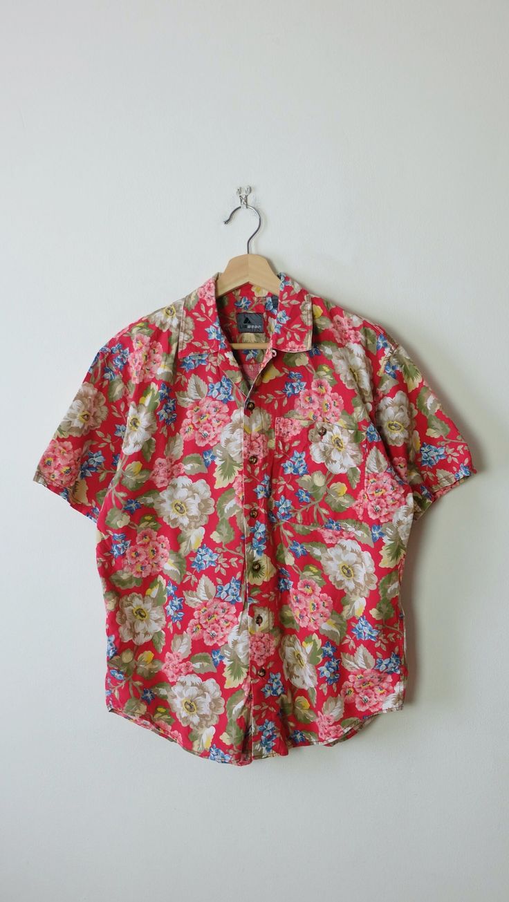 "Women's Red/Floral Short Sleeve Blouse/Women's Shirt. Measurements Length: 26 1/2\" Armpit to armpit: 21\" Shoulder: 17 1/2\"  Shoulder to end of sleeve: 8 1/2\" Condition: Gently used. There's no stains or holes. Good condition.  ※Please read the policy before you purchase※" Red Collared Blouse With Relaxed Fit, Red Collared Shirt For Summer, Red Short Sleeve Cotton Blouse, Relaxed Fit Red Blouse With Floral Print, Red Floral Print Blouse With Relaxed Fit, Vintage Red Shirt With Floral Print, Relaxed Fit Red Top With Floral Print, Red Collared Floral Print Tops, Red Floral Print Shirt With Relaxed Fit