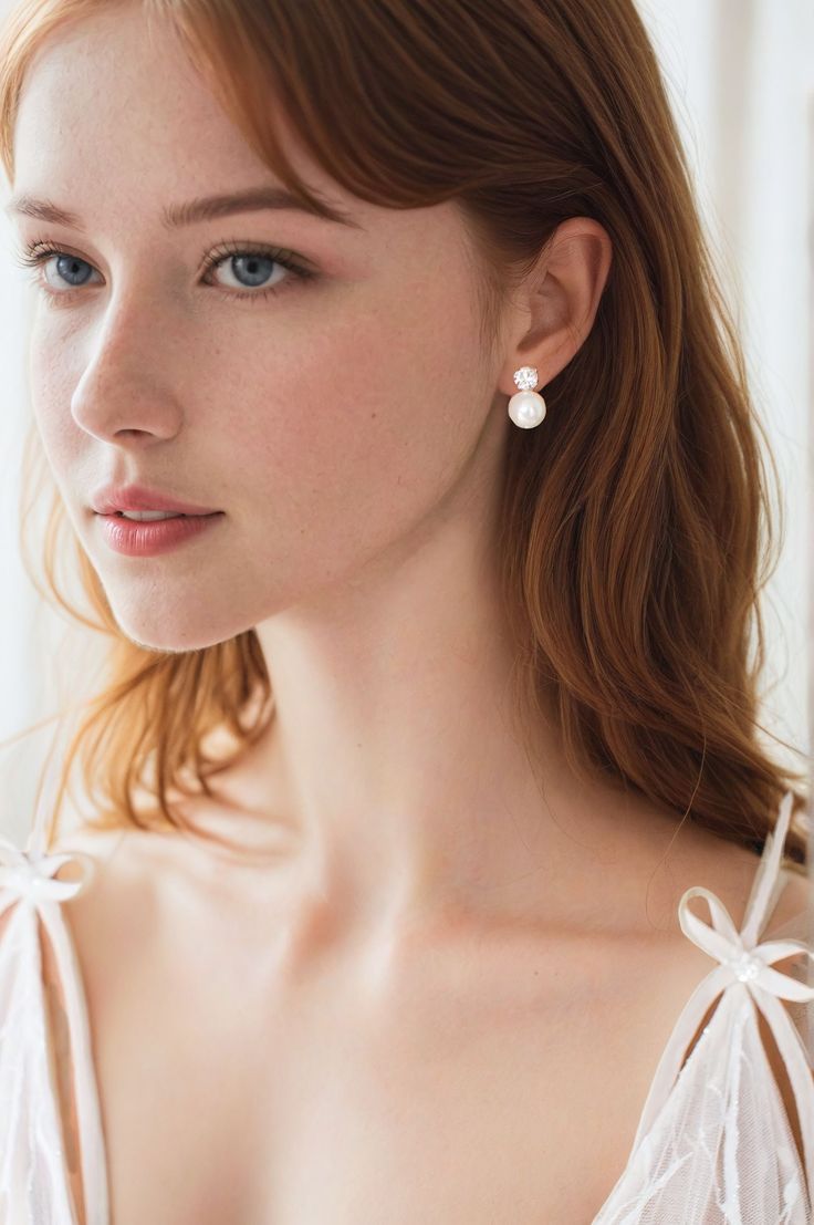 a woman with red hair and blue eyes is wearing white earrings that are tied around her neck