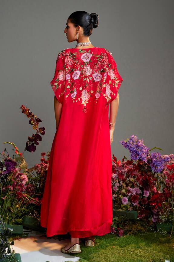 Red floral printed cape embroidered with sequin and beads. Paired with dhoti skirt and padded floral printed blouse embroidered with sequin and beads. - Aza Fashions Dhoti Skirt, Beaded Neckline, Modern Bride, Skirt Pattern, Embroidered Blouse, Raw Silk, Set For Women, Floral Printed, Aza Fashion