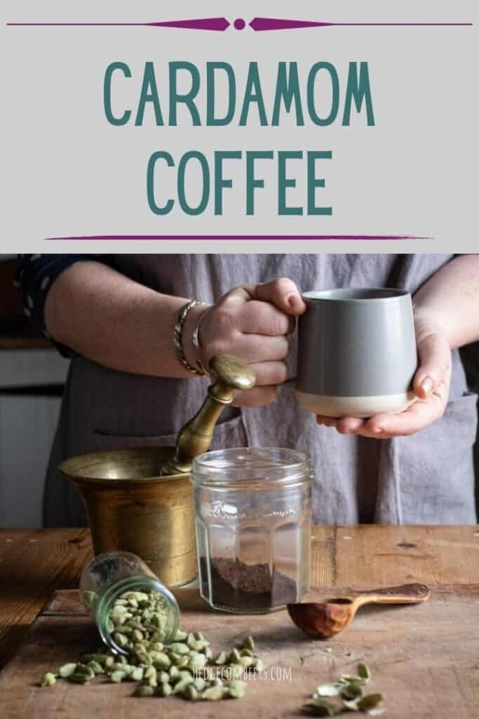 a person pouring coffee into a cup on top of a wooden table with the words cardamom coffee