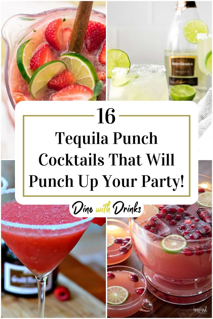 Collage of 4 tequila punch cocktails. Tequila Punch Recipes Parties, Refreshing Tequila Cocktails, Tequila Punch Recipes, Punch Cocktail Recipes, Spiked Punch Recipes, Adult Punch Recipes, Tequila Punch, Party Punch Alcohol, Margarita Punch