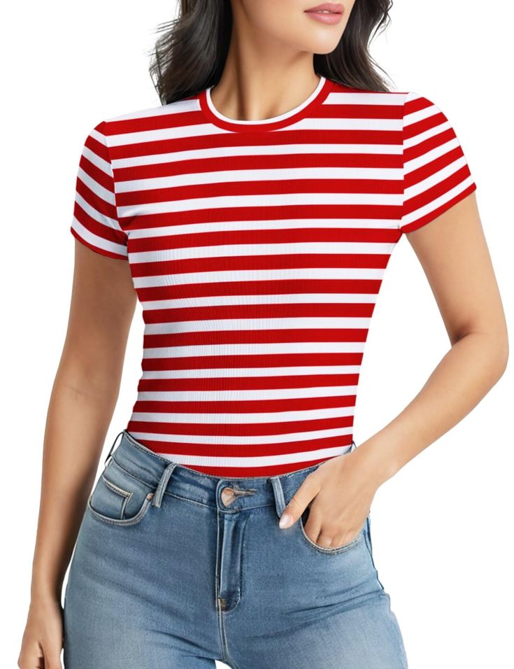 PRICES MAY VARY. Womens Striped Round Neck T Shirt: The fitted design accentuates your figure. It has four different striped color combinations, allowing you to choose the one that suits your personal style and preferences. Material: The stretchy and lightweight fabric ensures a comfortable wearing experience during the warmer seasons of spring and summer. It allows for ease of movement and breathability. Easy to Pair: This striped shirt can be easily paired with various bottoms, such as jeans, Striped Shirt Women, Ribbed Tee, Women Sleeve, Water Temperature, Shirts For Women, Amazon Women, Shirt Women, Striped Shirt, Lightweight Fabric