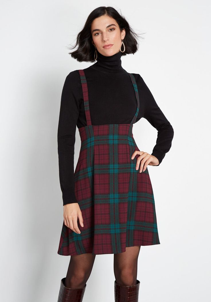 Overall Winner Plaid Jumper | Modcloth Cute Red Dresses, Plaid Jumper, Vintage Overalls, Tokyo Street Fashion, Designing Ideas, Aria Montgomery, Poodle Skirt, Skirt Knee Length, Fashion Goals