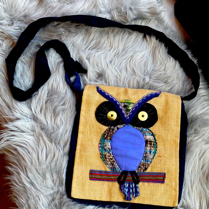 This Trendy Owl Bag/Purse Is Approx 10l X 9w With A 22.5 “ Drop On Shoulder Strap That Is Adjustable By Knotting On The Right Side (See Pics). Multi-Color Design With Main Exterior Being Dark Denim And Burlap Front Flap. Handcrafted In Guatemala Nwot Owl Bag, Boho Purse, Boho Purses, Purse Bag, Dark Denim, Guatemala, Blue Purple, Burlap, Blue And Purple