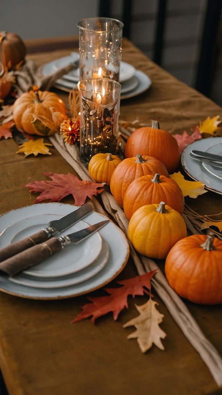 the table is set with plates, silverware and pumpkins