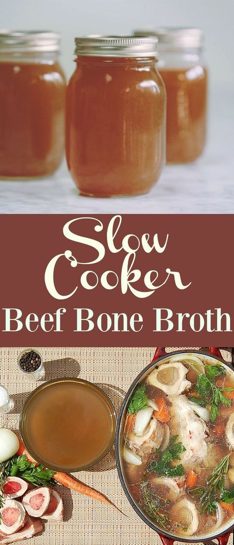 the cover of slow cooker beef bone broth is shown in front of three jars