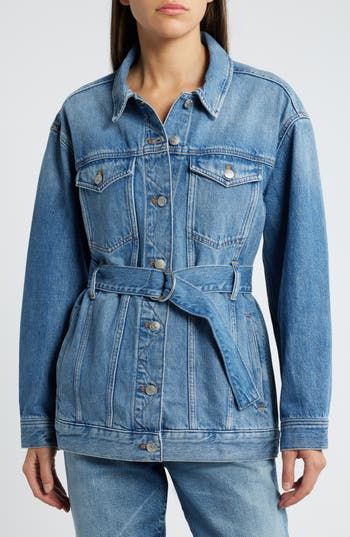 Adding a little twist to Madewell's best-selling oversized fit, this denim jacket features a self-tie belt to cinch you in at the waist. It's finished with classic details like flap chest pockets and buttons all down the front. 27" length (size Medium) Front button closure Spread collar Chest button-flap patch pockets; side welt pockets 100% cotton Machine wash, tumble dry Imported Denim Outerwear With Belt Loops For Work, Fall Denim Jacket With Belt Loops, Belted Denim Jacket For Workwear, Fall Denim Jacket With Belted Cuffs, Casual Denim Outerwear With Belt Loops, Casual Fall Outerwear With Tie Waist, Utility Style Denim Belted Outerwear, Utility Style Denim Outerwear With Belt, Utility Style Belted Denim Outerwear