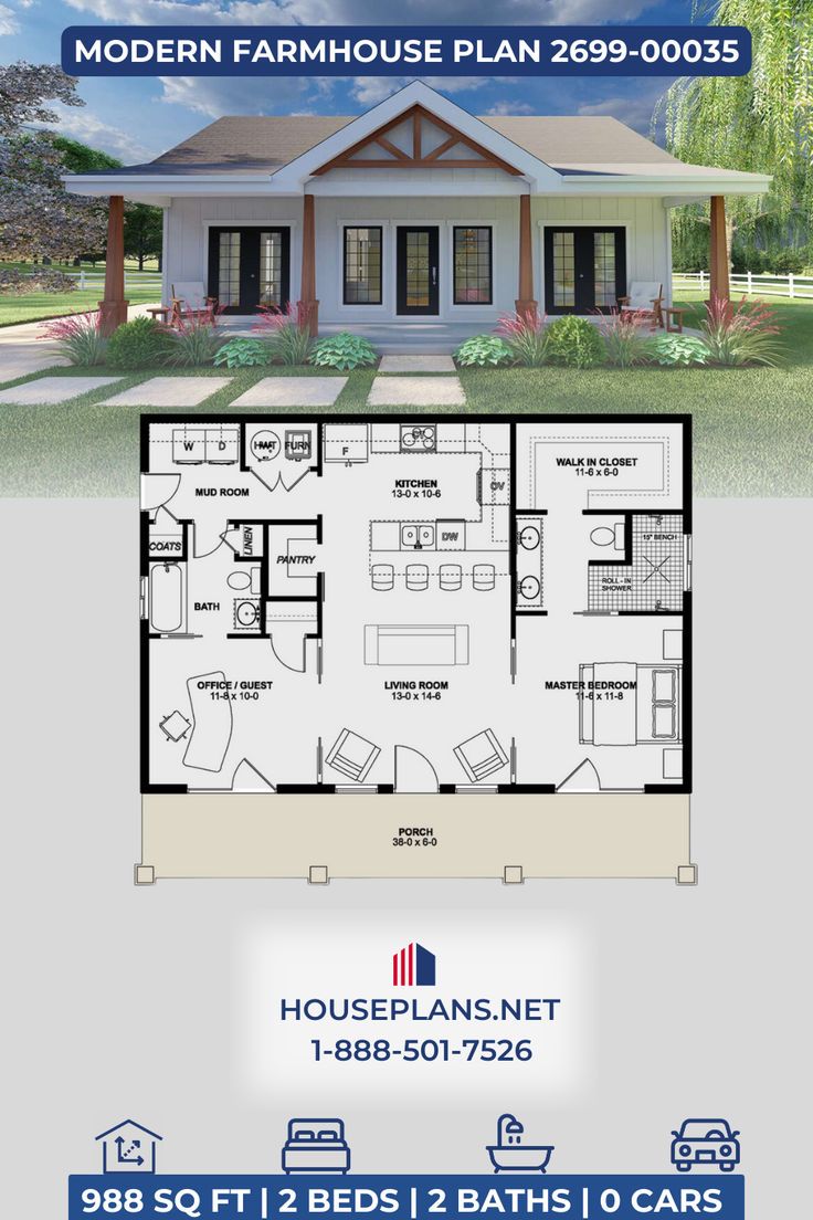 the floor plan for a modern farmhouse house with 3 beds and 2 baths in it