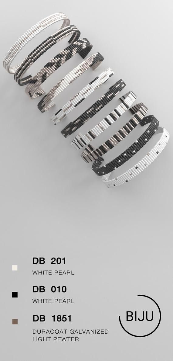 an advertisement for bjj's white pearl bracelets with black and silver details