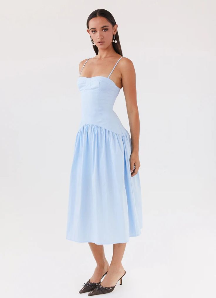 Yvette Corset Midi Dress - Blue – Peppermayo US Pepper Mayo, Italian Summer Outfits, Rush Outfits, Dress Bodice, Corset Midi Dress, Long Sleeve Knit Dress, Feminine Silhouette, Dresses By Length, Dressy Tops