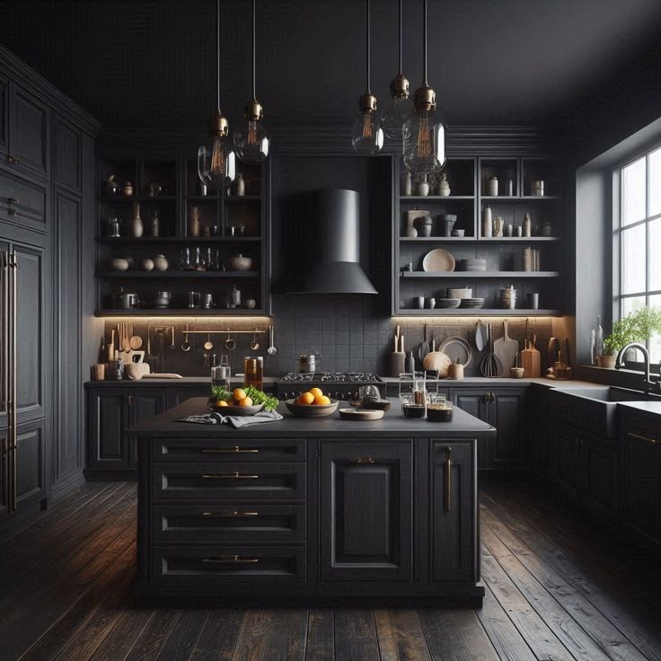 a large kitchen with black cabinets and wooden floors is lit by pendant lights hanging from the ceiling