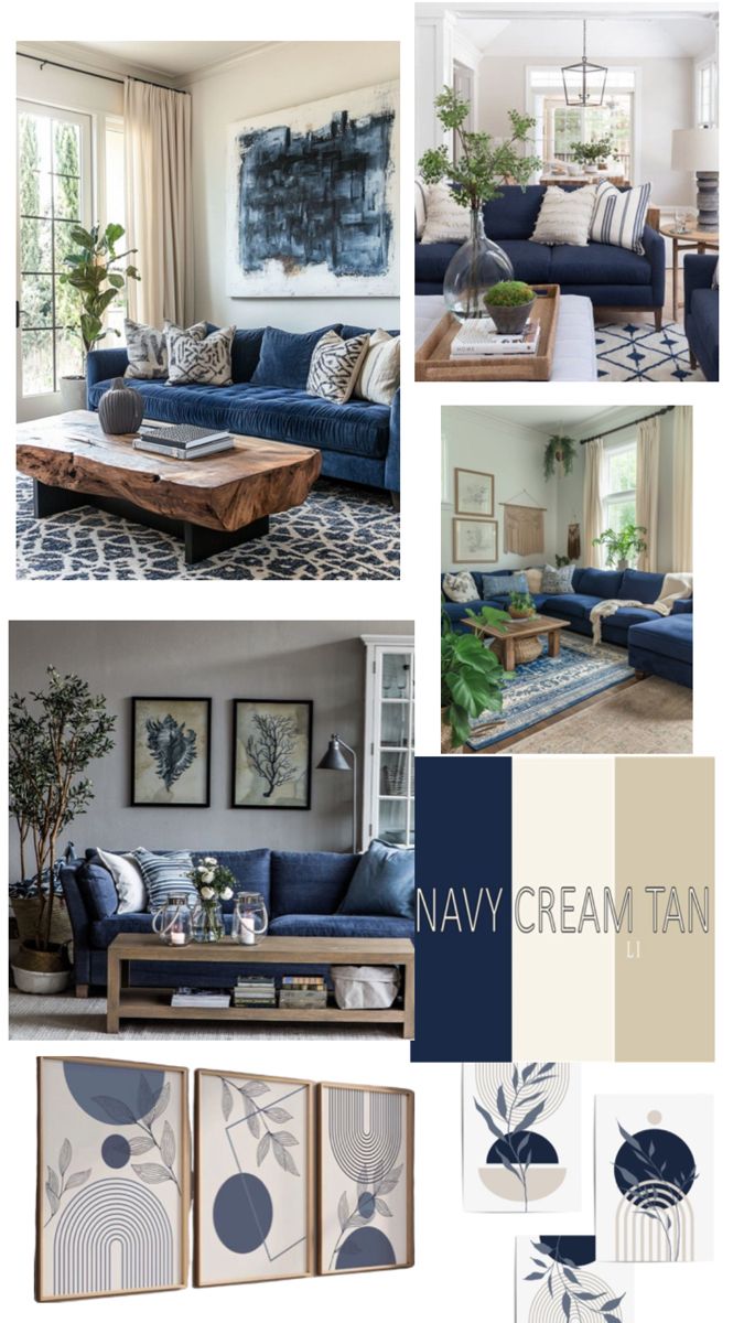 navy blue and white living room decor with neutrals, blues and greens in the color scheme