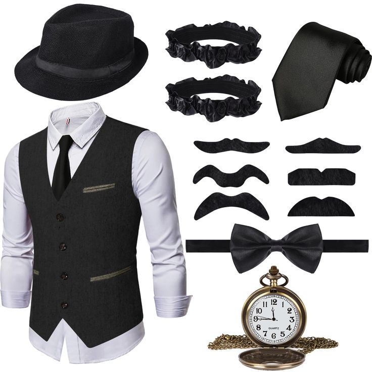 PRICES MAY VARY. Classic Style: Embrace the timeless elegance of the 1920s with our 20s mens costume set. From the sleek waistcoat vest to the sophisticated accessories, each piece is designed to encapsulate the essence of the era's fashion, allowing you to embody the spirit of a true 1920s gentleman. 1920s Accessories for Men: Every detail counts and our kits don't miss a beat! The 20s Mens Costume Set include a variety of elaborate accessories, including fine bow ties and neckties, as well as 1920s Gentleman, 1920 Party Outfit, Roaring 20s Costumes, 1920s Mens Costume, Gangster Costume, Stylish Waistcoats, 20s Costume, Gangster Costumes, 1920s Accessories