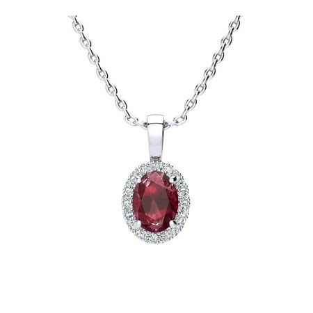 This stunning ruby necklace features one 8x6mm oval shape created ruby gemstone at 1 1/4 carats. It is surrounded by 20 sparkling diamonds in I-J color, I1-I2 clarity at 0.14 carats. This necklace is crafted in sterling silver and comes with an 18 inch cable chain with spring ring clasp. Size: 12 mm x 9 mm.  Color: Red.  Gender: female.  Age Group: adult. Formal Ruby Necklace With Halo Setting, Classic Red Oval Pendant Necklace, Classic Oval Ruby Necklace, Classic Necklace With Lab-created Ruby, Red Oval Necklace For Formal Occasions, Red Oval Necklaces For Formal Occasions, Classic Necklace With Lab-created Ruby Gemstone, Classic Necklaces With Lab-created Ruby Gemstone, Classic Style Necklaces With Lab-created Ruby Gemstone