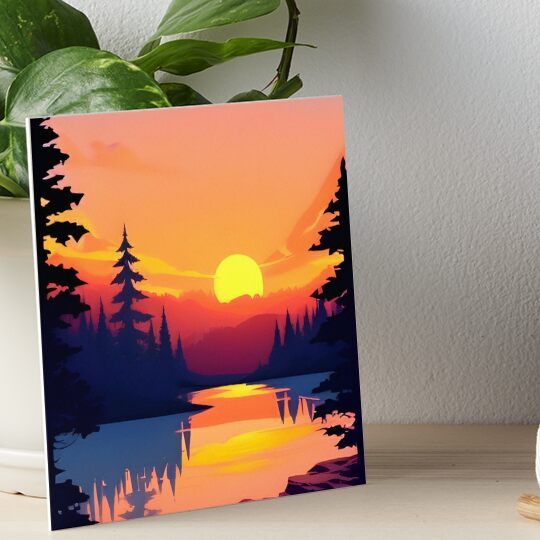 a painting of a sunset over a lake with pine trees on the shore art board print