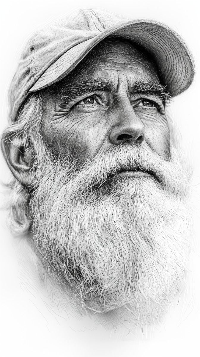 an old man with a long beard wearing a baseball cap and looking off to the side