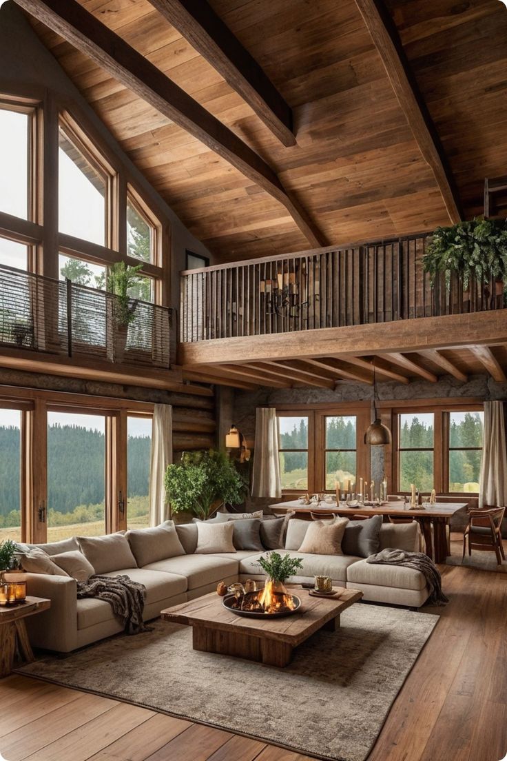 a living room filled with lots of furniture next to large windows on top of a wooden floor