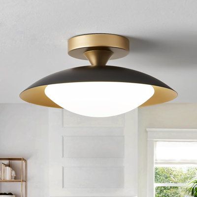 an overhead light fixture in a kitchen with white walls and flooring, along with potted plants