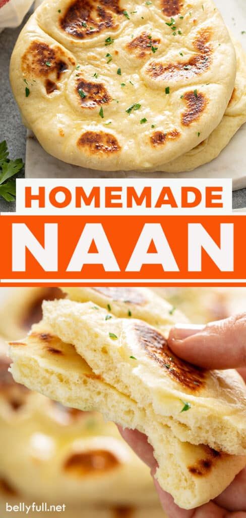 homemade naan bread is cut in half and stacked on top of each other