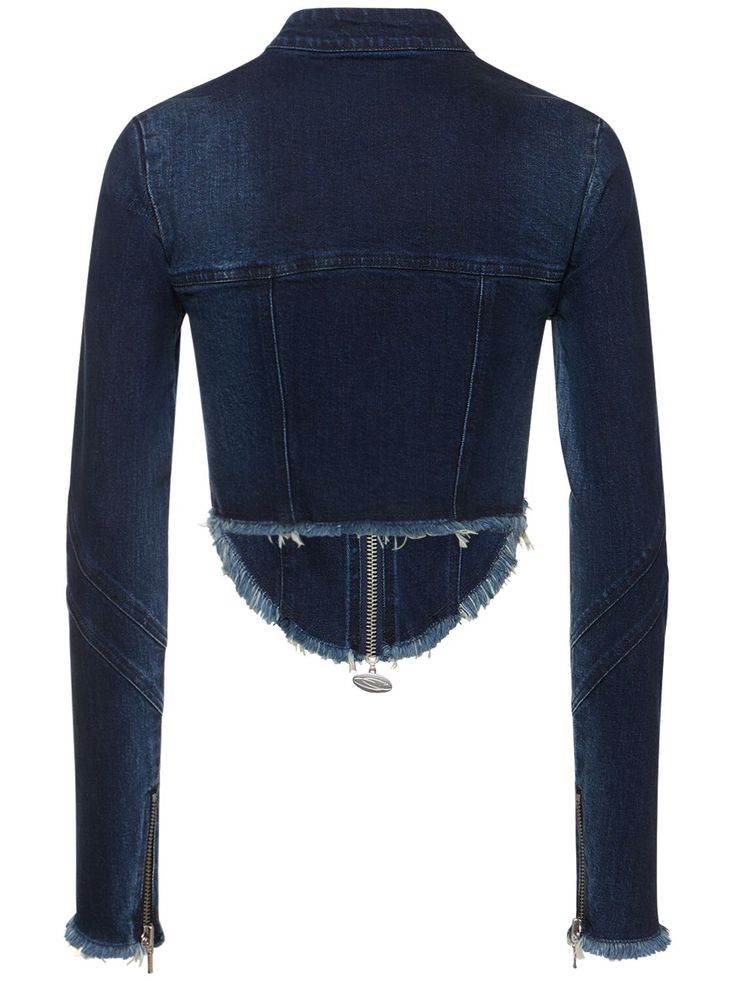 Snap button closure at collar. Front zip closure. Unlined. Model is wearing a size36 Fitted Denim Biker Jacket With Long Sleeves, Fitted Cropped Biker Jacket With Zipper Closure, Fitted Cropped Biker Jacket With Zipper, Fitted Long Sleeve Denim Biker Jacket, Fitted Dark Wash Cropped Jacket With Long Sleeves, Casual Cropped Fitted Biker Jacket, Fitted Long Sleeve Dark Wash Cropped Jacket, Fitted Dark Wash Cropped Jacket For Fall, Denim Biker Jacket With Zipper Closure