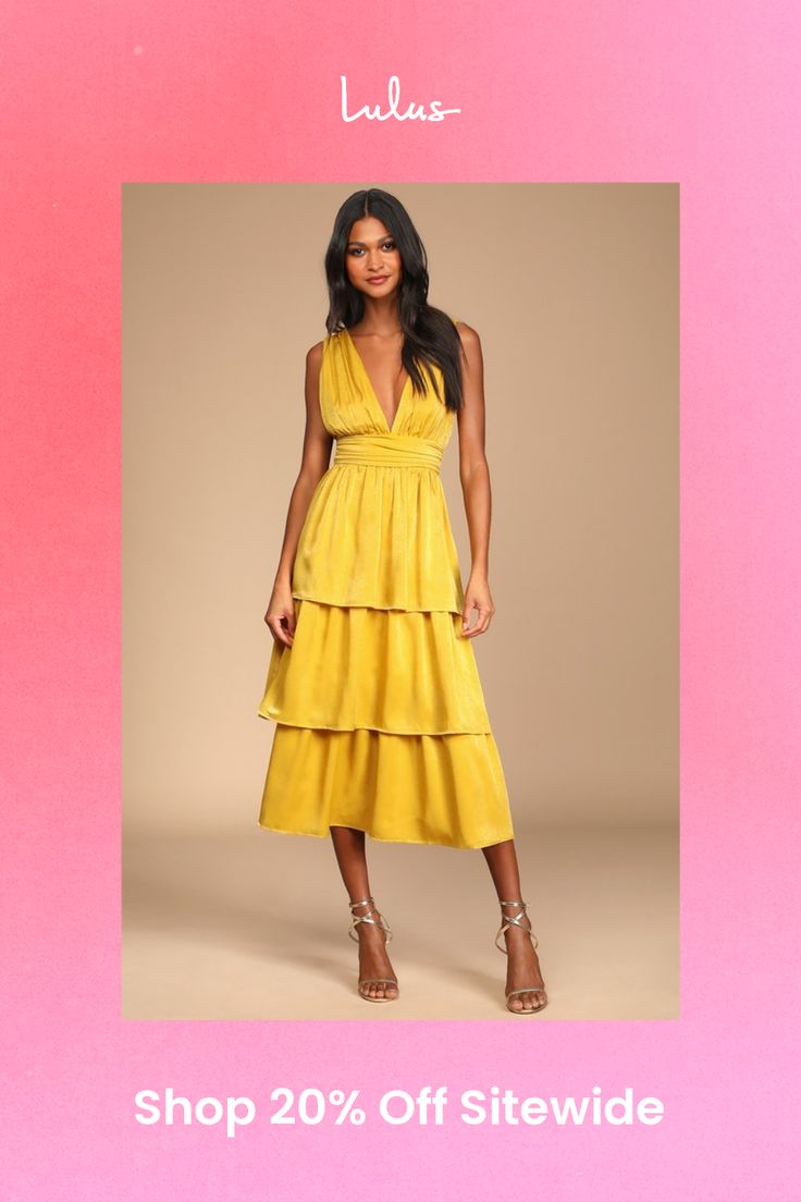 Be the best dressed at your next soiree in the Lulus Peak Party Vibe Mustard Yellow Satin Tiered Tie-Back Midi Dress! Sleek satin shapes this dress that has wide straps that flow into the gathered bodice and frame a plunging V-neckline (and back). A banded waist ties together at back and tops a flouncy, tiered midi skirt. Hidden back zipper/clasp. Fit: This garment fits true to size. Length: Mid-calf length. Size medium measures 48.5" from top to bottom. Bust: Great for any cup size. Waist: Fitted - very fitted at natural waist. Hip: Not Fitted - fuller skirt allows room for hips. Undergarments: May be worn with petals, or no bra. Fabric: Fabric has no stretch. Lined. Shell: 100% Polyester. Lining: 88% Polyester, 12% Spandex. Hand Wash Cold. Do Not Bleach. Line Dry. Iron Low Heat. Imported Sleeveless Satin Dress For Date Night And Prom, Summer Satin Tiered Dress, Sleeveless Satin Dress For Evening Parties, Sleeveless Satin Dress For Evening Party Season, Sleeveless Dressy Satin Prom Dress, Glamorous Sleeveless Satin Dress For Party Season, Sleeveless Silk Midi Dress For Prom, Dressy Sleeveless Satin Prom Dress, Summer Tiered Satin Dress