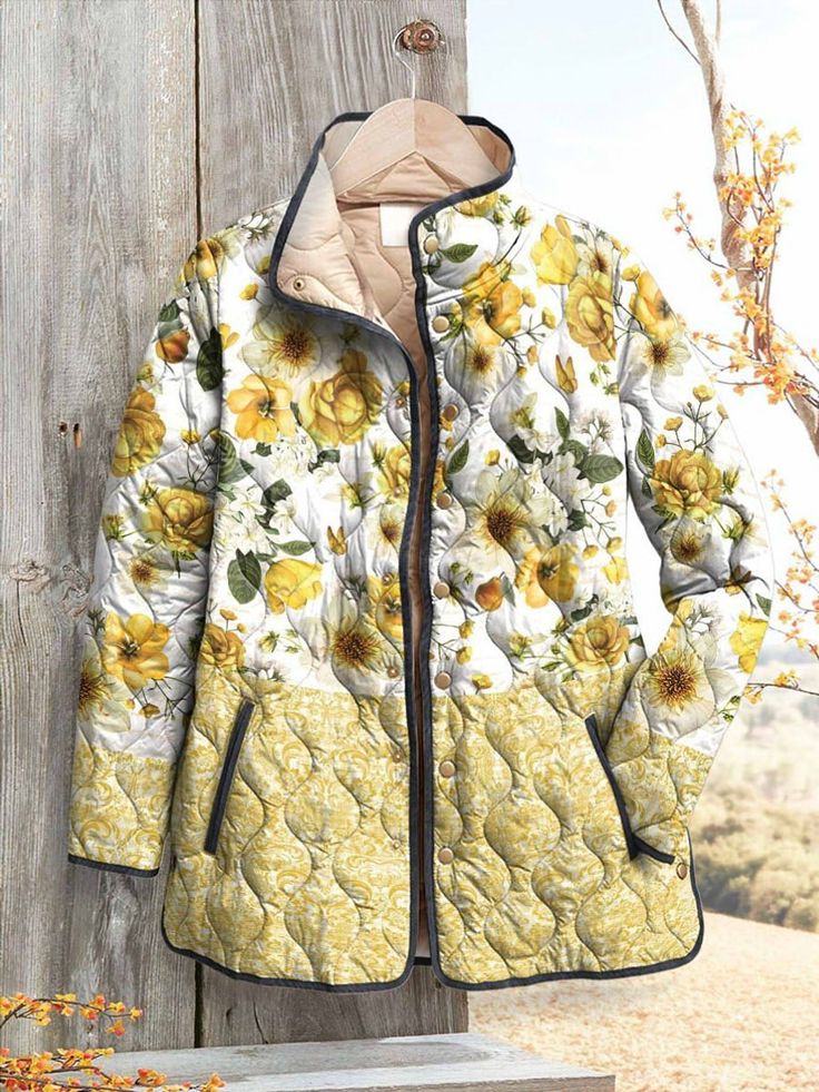 Fresh Yellow Flower Mosaic Decorative Pattern Casual Quilted Cardigan Casual Multicolor Outerwear With Floral Patchwork, Patterned Patchwork Outerwear For Fall, Fall Multicolor Floral Patchwork Outerwear, Spring Floral Print Patterned Outerwear, Spring Patchwork Cardigan, Casual Floral Patchwork Outerwear For Winter, Casual Winter Outerwear With Floral Patchwork, Spring Patchwork Outerwear, Fall Printed White Outerwear