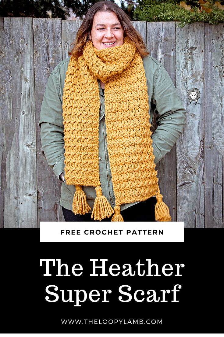 a woman wearing a yellow crochet scarf with text overlay that reads, the leather super scarf free crochet pattern