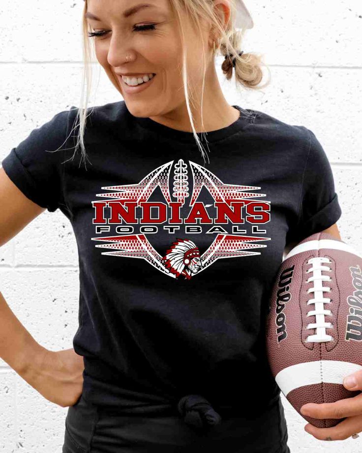 Looking for a unique and high-quality heat transfer design for your football team shirt? Look no further than the Indians Football Halftone DTF Transfer! This full-color transfer features a classic halftone design for your mascot football. Crafted from top-quality materials, this heat transfer design is sure to stand up to even the toughest wear and tear. Whether you're cheering on your team from the sidelines or hitting the town with friends, this DTF transfer is sure to turn heads and show off Black School Spirit Sublimation Design For Fan Gear, Black T-shirt With Heat Transfer Vinyl For Sports Season, Football Season Sublimation Design T-shirt For Sports Events, Football Season Fan Apparel With Team Logo, Red Sublimation Design Fan Apparel For Game Day, Red Fan Apparel Sublimation Design For Game Day, Football Season Team Logo Sublimation For Sports Fans, Football Season Sports Fan Sublimation Design With Team Logo, Black T-shirt For Sports Season With Heat Transfer Vinyl