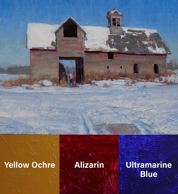 a painting of an old barn in the snow with blue and yellow paint swatches