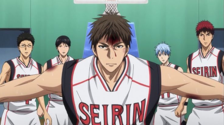 an anime character with his arms crossed in front of him, surrounded by other basketball players