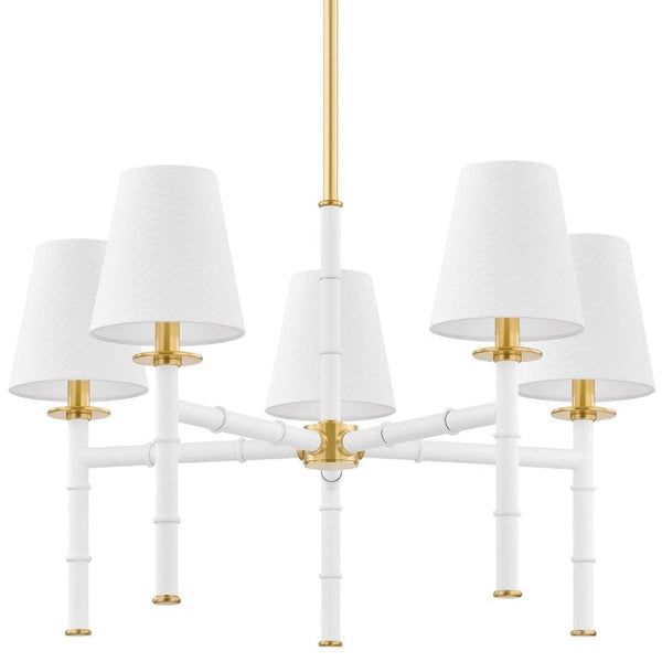 four white and gold chandelier with five lamps on each one light is attached to the