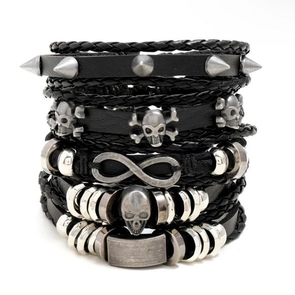 5 Pcs Men Skull Black Faux Leather Bracelet Set Bundle 2 Or More And Save 30% . Send Me A Message If You Want To Bundle More Products. :) Mens Bracelet Black, Faux Leather Bracelets, Black Leather Necklace, Stainless Steel Cross Pendant, Bullet Necklace, Skull Decor, Men Jewelry, Leather Bracelets, Charm Pendant Necklace