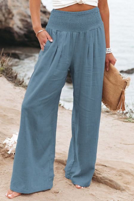 Loose Smocked Traveler Relaxed Boho Vacation High Waist Wide Leg Trousers | Amaryllis – Amaryllis Apparel Summer Pants With Gathered Waist And Loose Hips, Summer Pants With Gathered Waist And Loosely Fitted Hips, Casual High Waist Wide Leg Rayon Pants, Non-stretch Comfortable Wide Leg Pants For Summer, Comfortable Non-stretch Wide Leg Pants For Summer, Chic Cotton Bottoms With Gathered Waist, Chic Summer Pants With Smocked Back, Casual Summer Pants With Gathered Waist, Relaxed Fit Bottoms With Gathered Waist