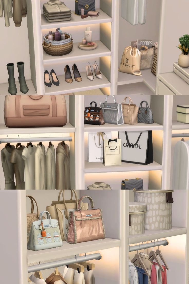 the closet is full of purses, shoes and handbags for all to see