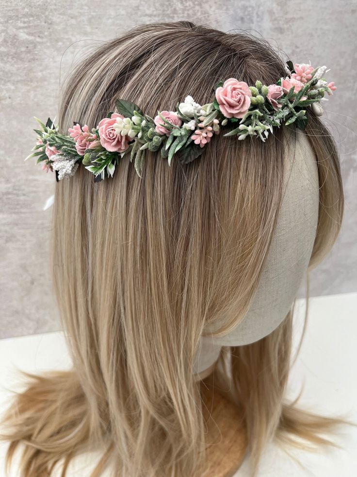 A beautiful rustic flower crown, created using baby pink paper roses which are 1-2 cm wide and faux foliage, finished with satin ribbon in either white or pink. Ideal for your flower girls, bridesmaids or even the bride herself!  Perfect for weddings or occasions, or even festivals!  The size of the crown is 50 cm in length, if you require a smaller or larger crown, please pop me a message, please note that the flower crown is fully adjustable using the ribbon, and will fit toddlers to adults. Pink Wedding Hair Accessories, Small Paper Flowers, Floral Headband Wedding, Flower Crown Flower Girl, Flower Headband Wedding, Pink Flower Crown, Wedding Hair Wreath, Flower Girl Crown, Girls Crown