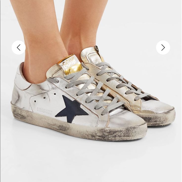 Low Top Golden Goose Authentic. 2 Tones (Good & Silver) With Black Star. Goes With Anything! Size 36 = Womens 6.5 Golden Goose Superstar, Silver Sneakers, Goose Shoes, Golden Goose Sneakers, Golden Goose Shoes, Golden Goose Deluxe Brand, Silver Shoes, Dream Shoes, Sneakers Online