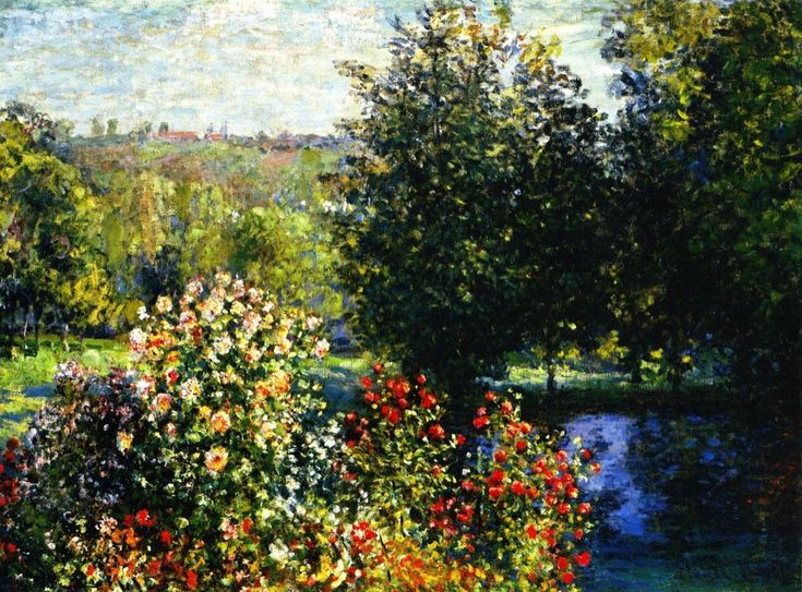 a painting of flowers and trees by the water