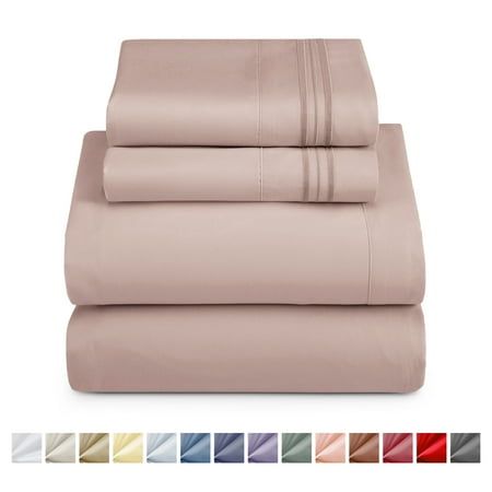 four piece sheet set with sheets and pillowcases in various colors, including pink